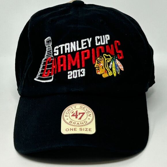 Chicago Blackhawks 2013 Stanley Cup Dad Hat Cap Black 47 Brand Strapback 6 Panel - Picture 9 of 9